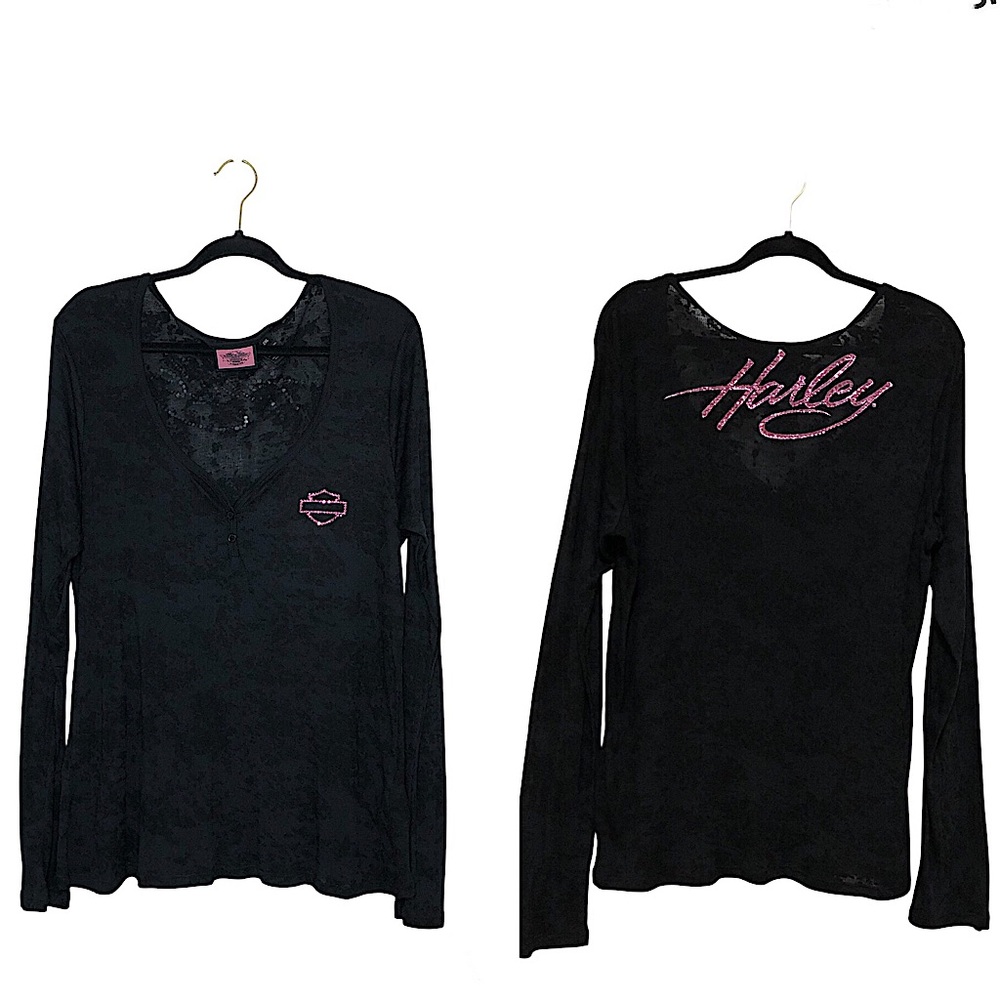 Harley Davidson USA Made Burnout Black Pink Rhinestone logo Light Weight Top 2XL